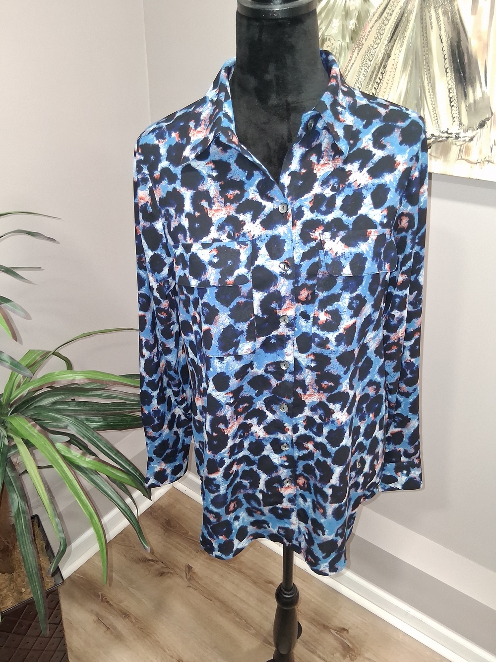 Printed Blue Animal-Print Button-Down Shirt